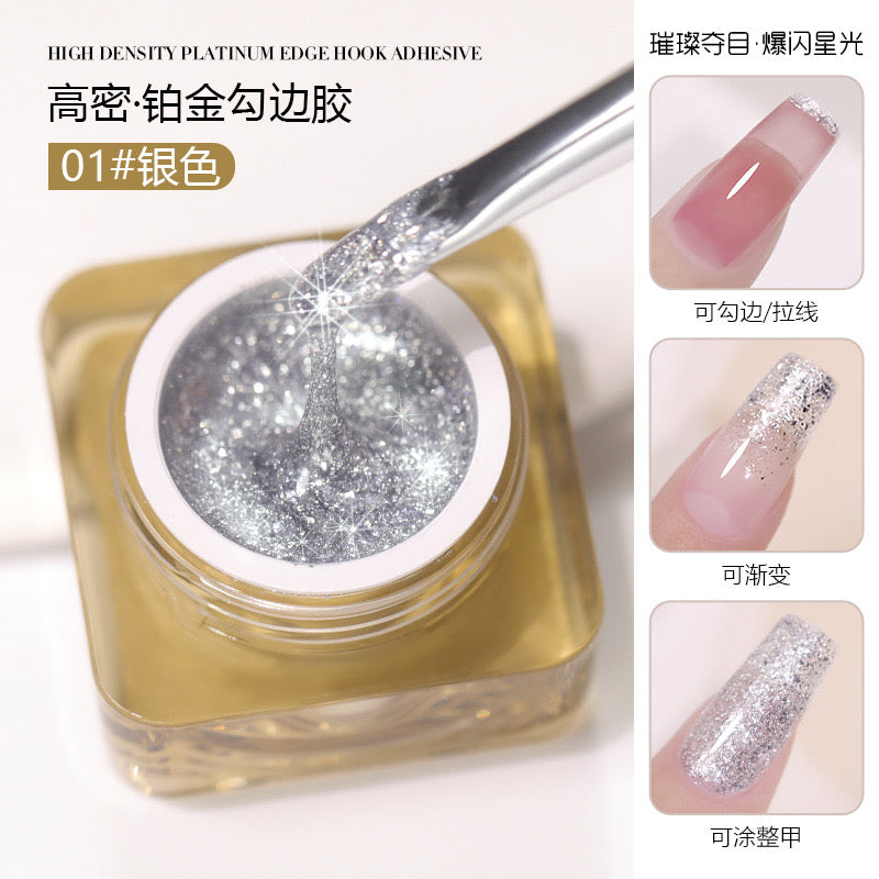 GOLD / SLIVER Glitter Nail Gel Bottle | HIGH DENSITY PLATINUM EDGE HOOK ADHESIVE | Net wight 8 grams